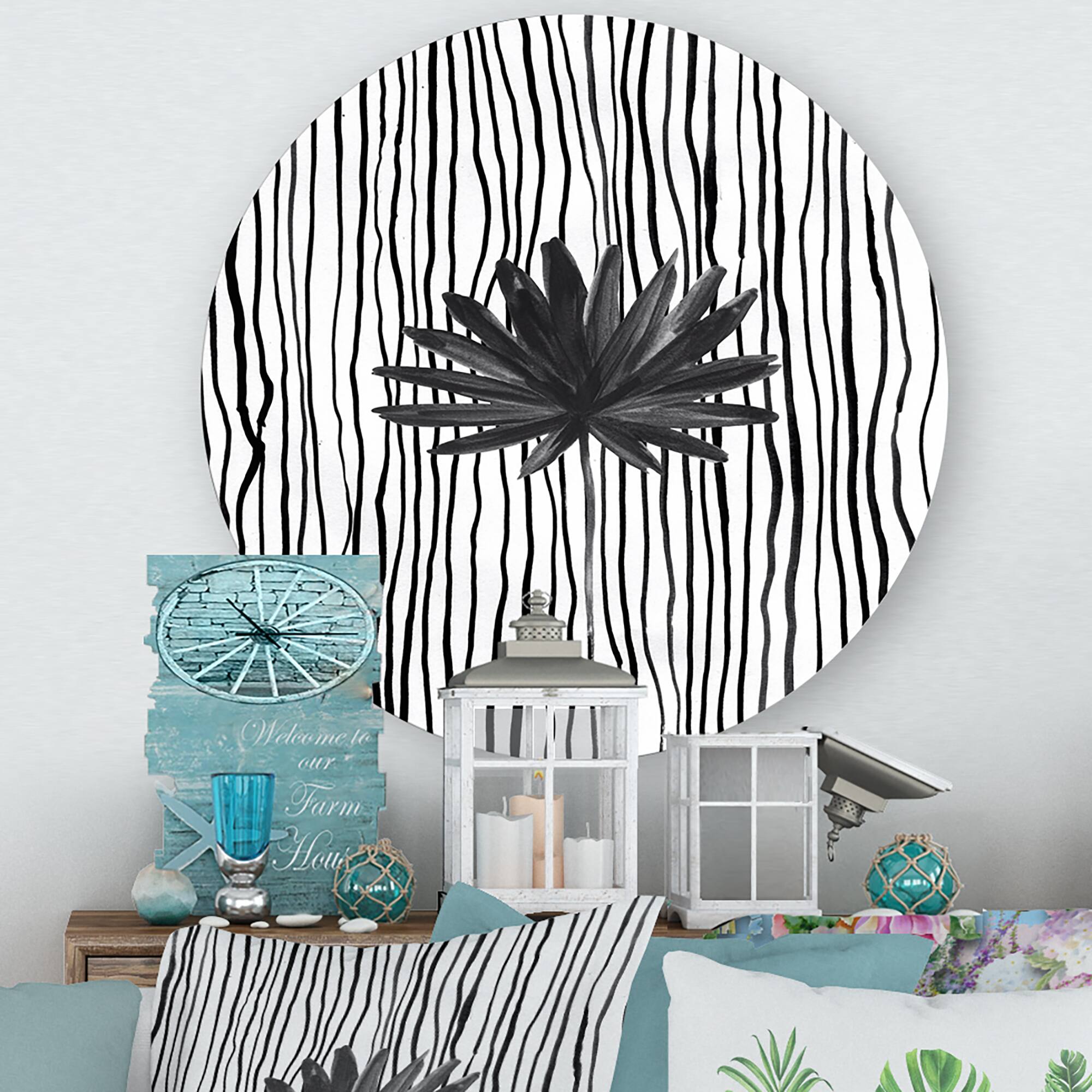Designart - Black and White Tropical Leaf On Striped III